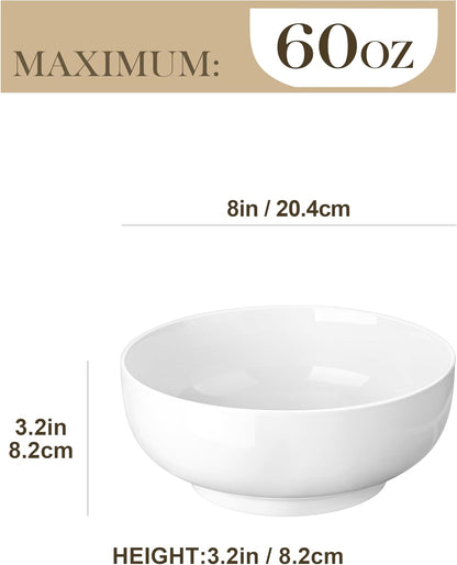 MALACASA Large Serving Bowls - 60 OZ (8") Salad Bowls Set of 2, White Mixing Bowls for Kitchen