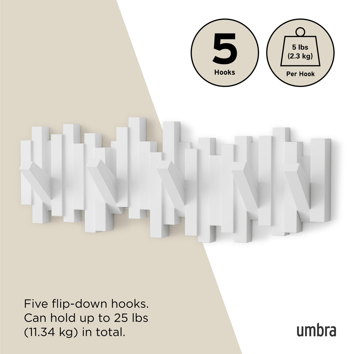 Umbra Sticks Wall Mount Coat Rack, 5 Hook Retractable Pegs, White