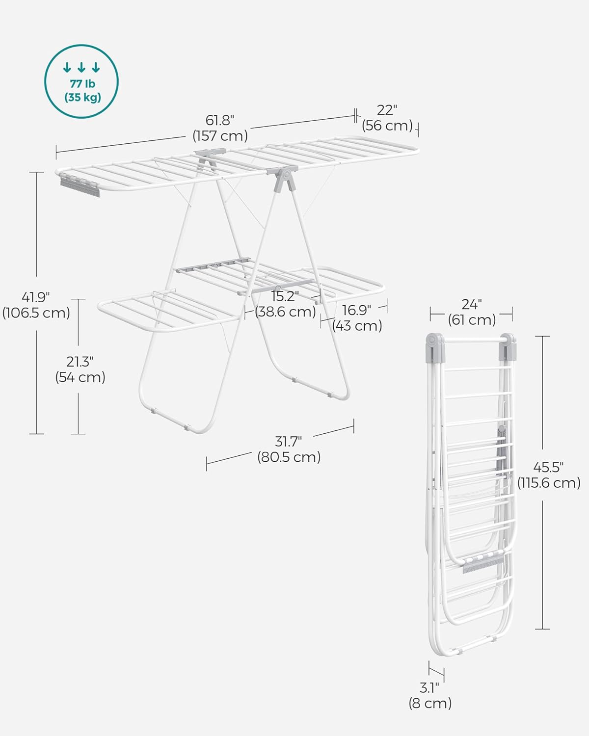 SONGMICS Clothes Drying Rack, Foldable 2-Level Laundry Drying Rack, Free-Standing Laundry Airer