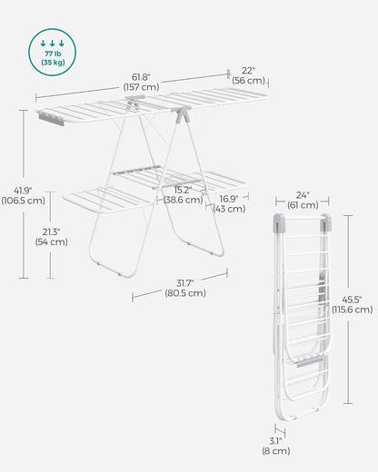 SONGMICS Clothes Drying Rack, Foldable 2-Level Laundry Drying Rack, Free-Standing Laundry Airer