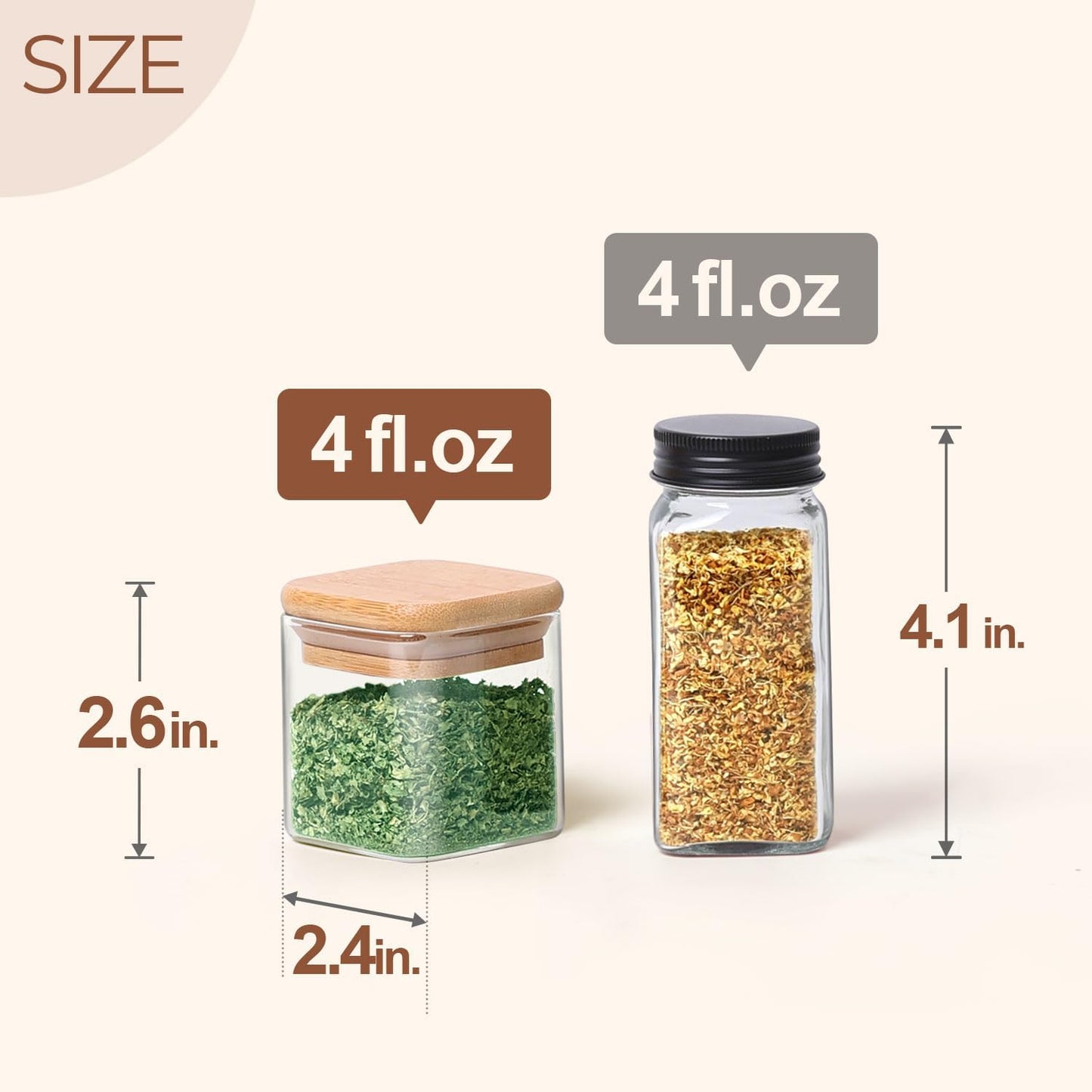 ComSaf 16Pcs Glass Spice Jars with Bamboo Lid, 4oz Airtight Square Spice Containers with 275 Black