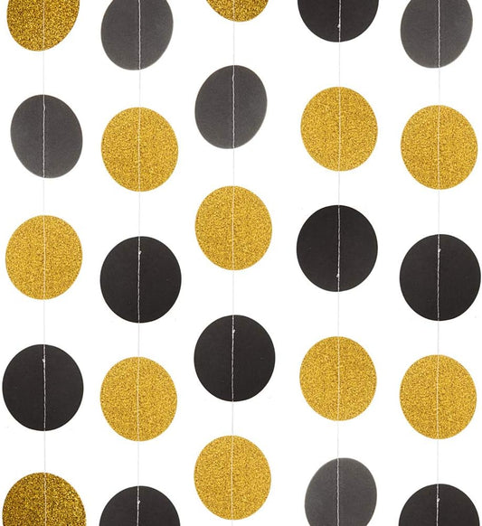 WEVEN Black and Glitter Gold Paper Garland, Circle Dots Banner Bunting Streamer Hanging Party