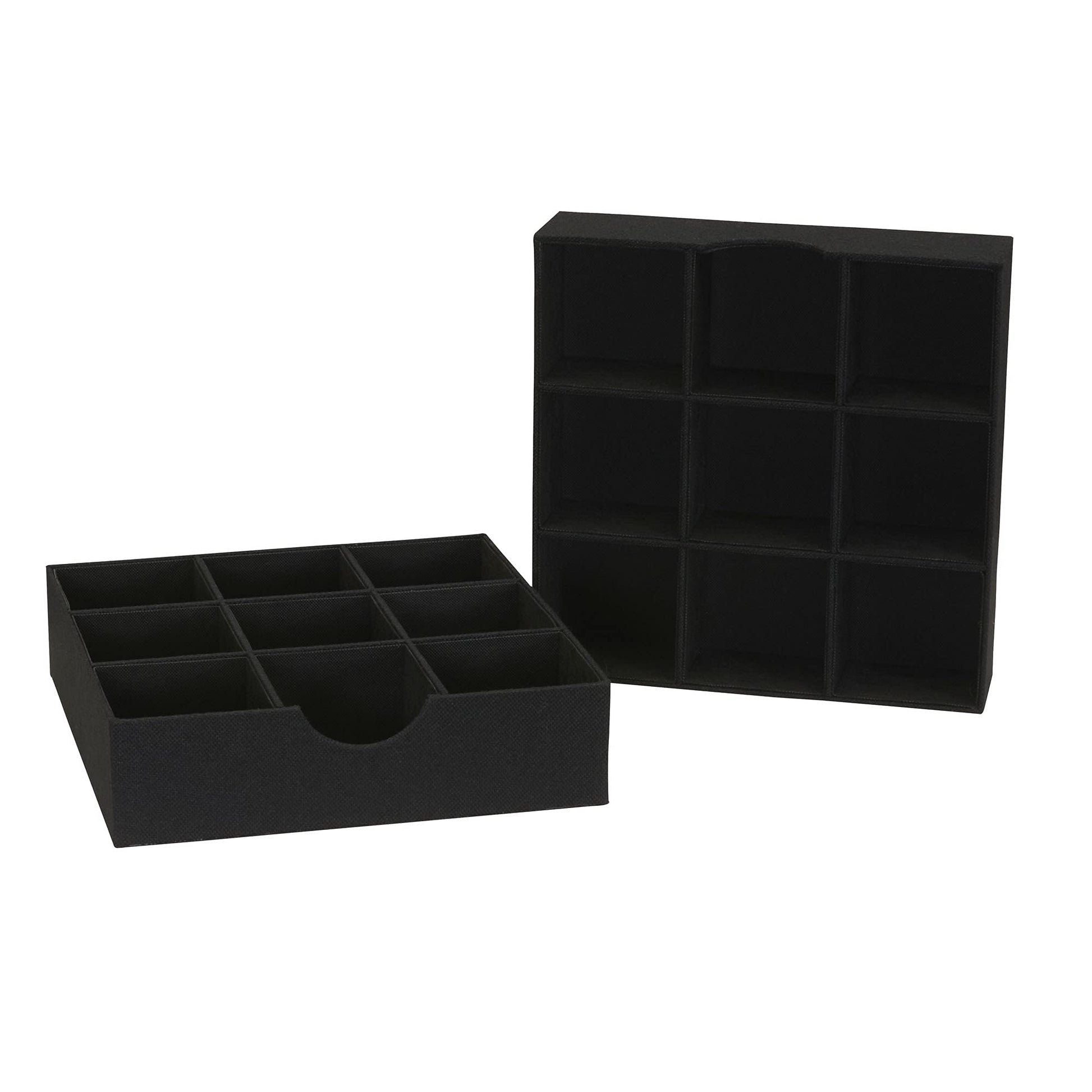 Household Essentials Drawer Organizer Tray with Fabric Cover and 9 Square Compartments, Black, Set