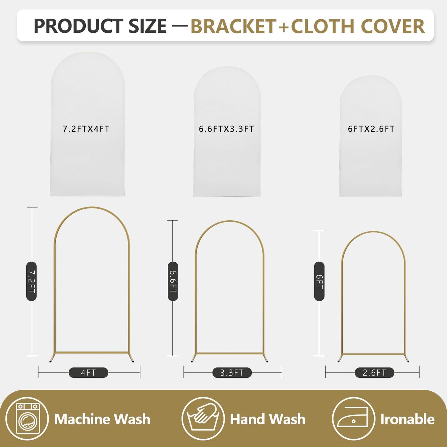 Arch Backdrop Stand and Cover Set, 3 Metal Balloon Arch Backdrop 7.2ft 6.6ft 6ft, Gold Arched Stand