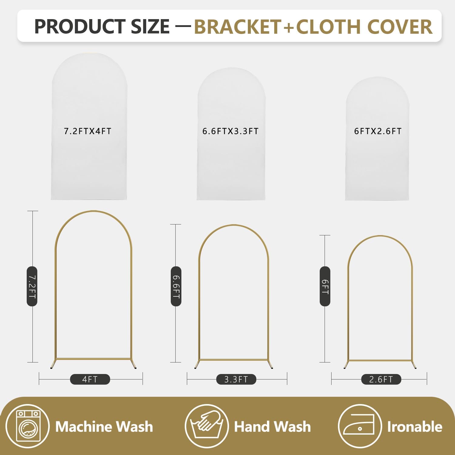 Arch Backdrop Stand and Cover Set, 3 Metal Balloon Arch Backdrop 7.2ft 6.6ft 6ft, Gold Arched Stand
