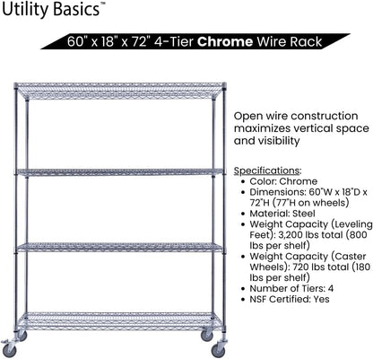 60"x18"x72" Chrome Premium Metal Steel Wire Shelving 4-Tier NSF 3200 LBS MAX Capacity Heavy Duty