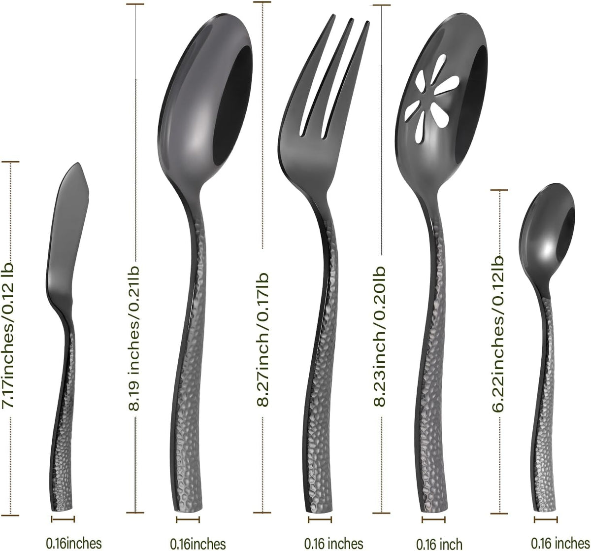 Stainless Steel Silverware Serving Set Hammered Black Mirror Finished 5 Piece Serving Utensil Set