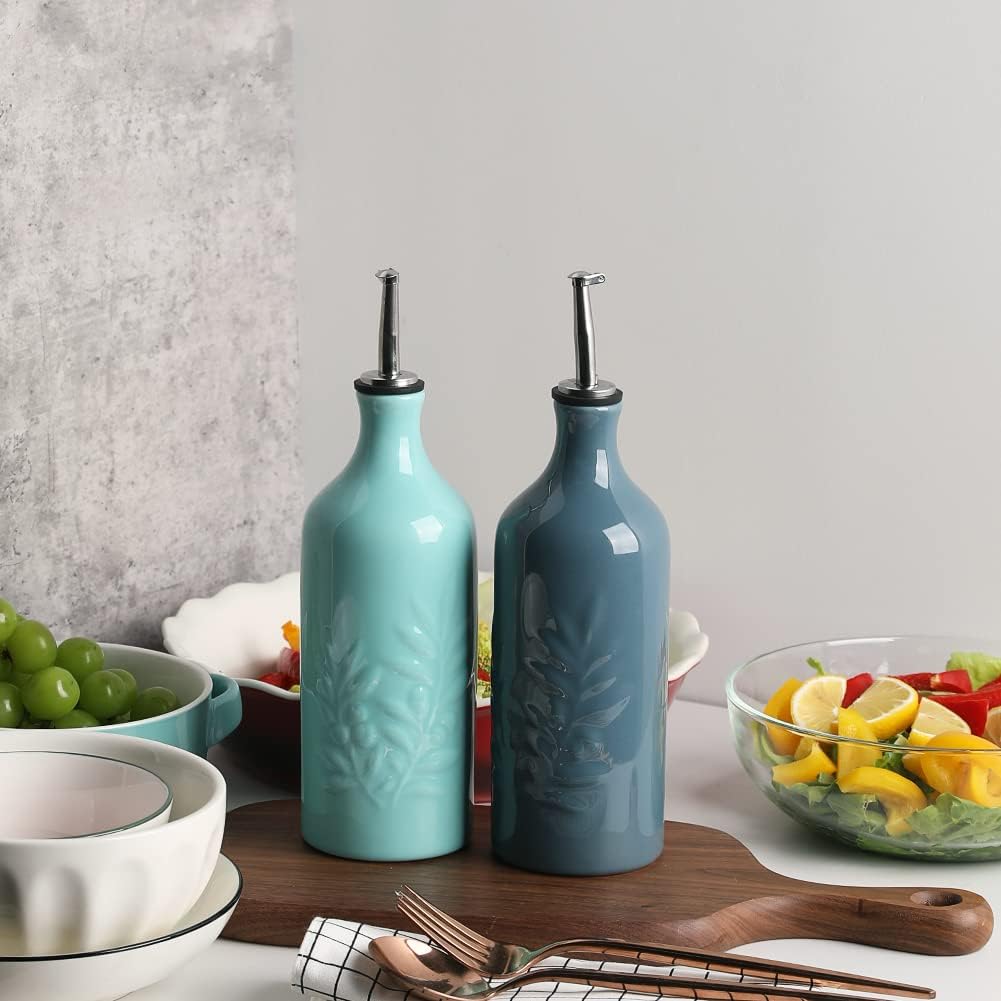 Sweejar Ceramic Olive Oil Dispenser Bottle, 20 Oz Relief Design EVOO Oil and Vinegar Dispensing