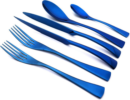 24-Piece Blue Flatware, Mirror 18/10 Stainless Steel Modern & Luxury Dinnerware Set With Serrated