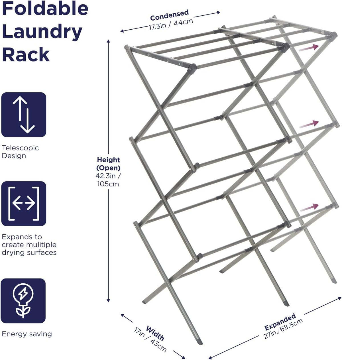 BLACK+DECKER 3 Tier Expandable Collapsing Foldable Laundry Rack for Air Drying Clothing, Space