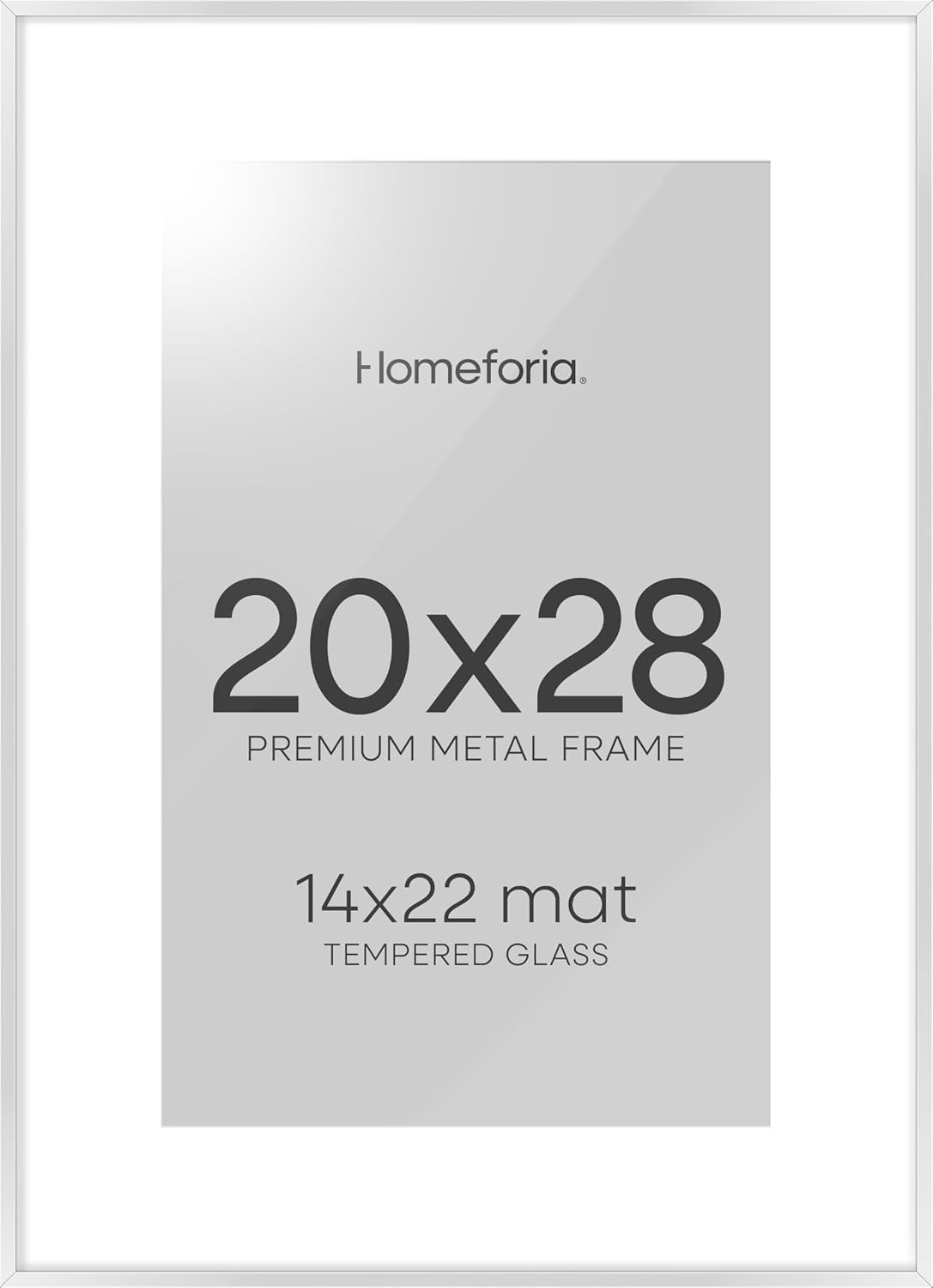 Homeforia 20x28 Picture Frame Silver, High End Metal 20 x 28 Poster Frame with Mat 14 x 22 for