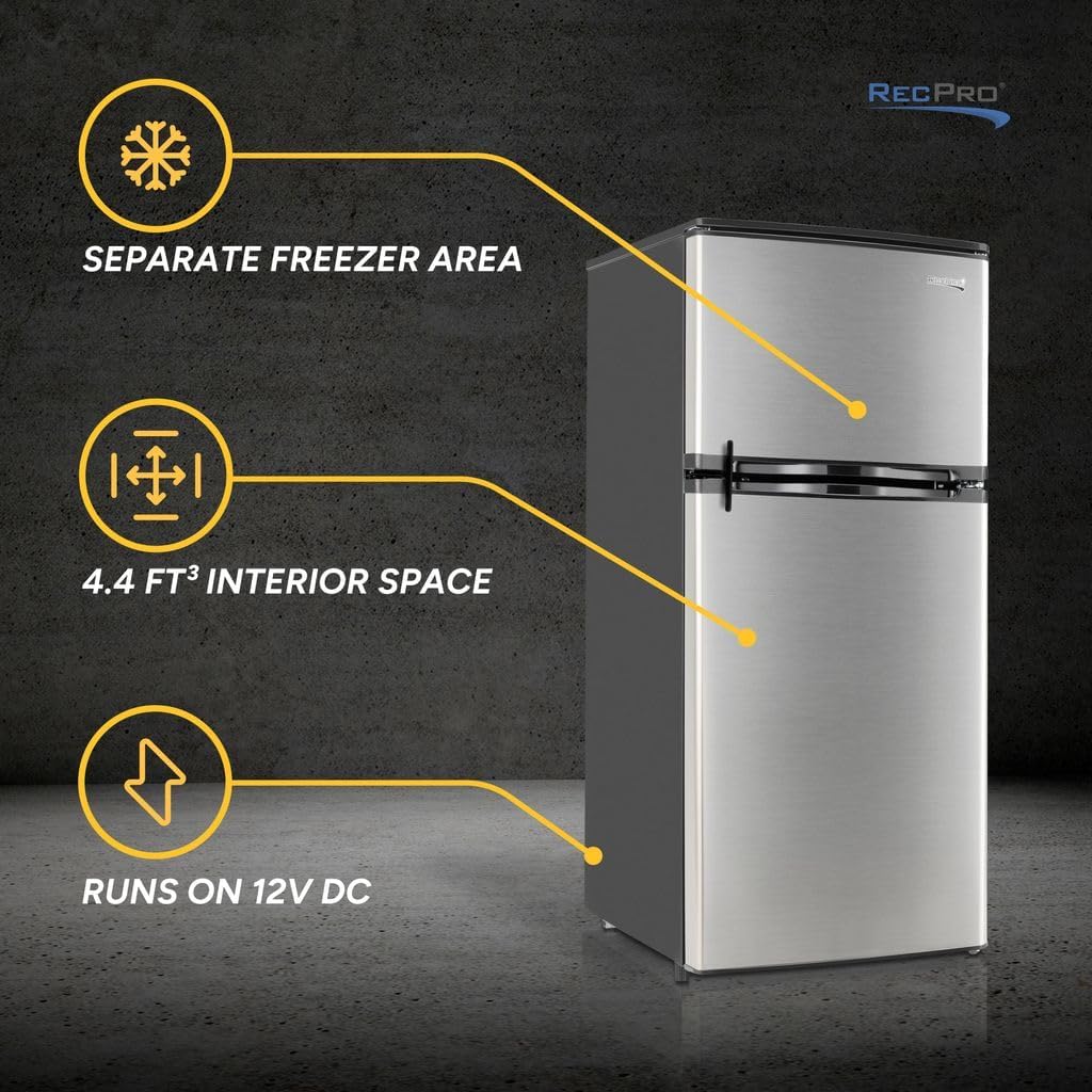 RecPro 4.4 Cu Ft RV Refrigerator | 12V Stainless Steel Fridge with Freezer | Frost-Free, Adjustable