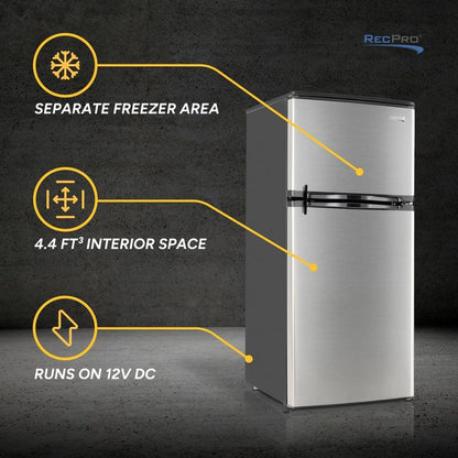 RecPro 4.4 Cu Ft RV Refrigerator | 12V Stainless Steel Fridge with Freezer | Frost-Free, Adjustable