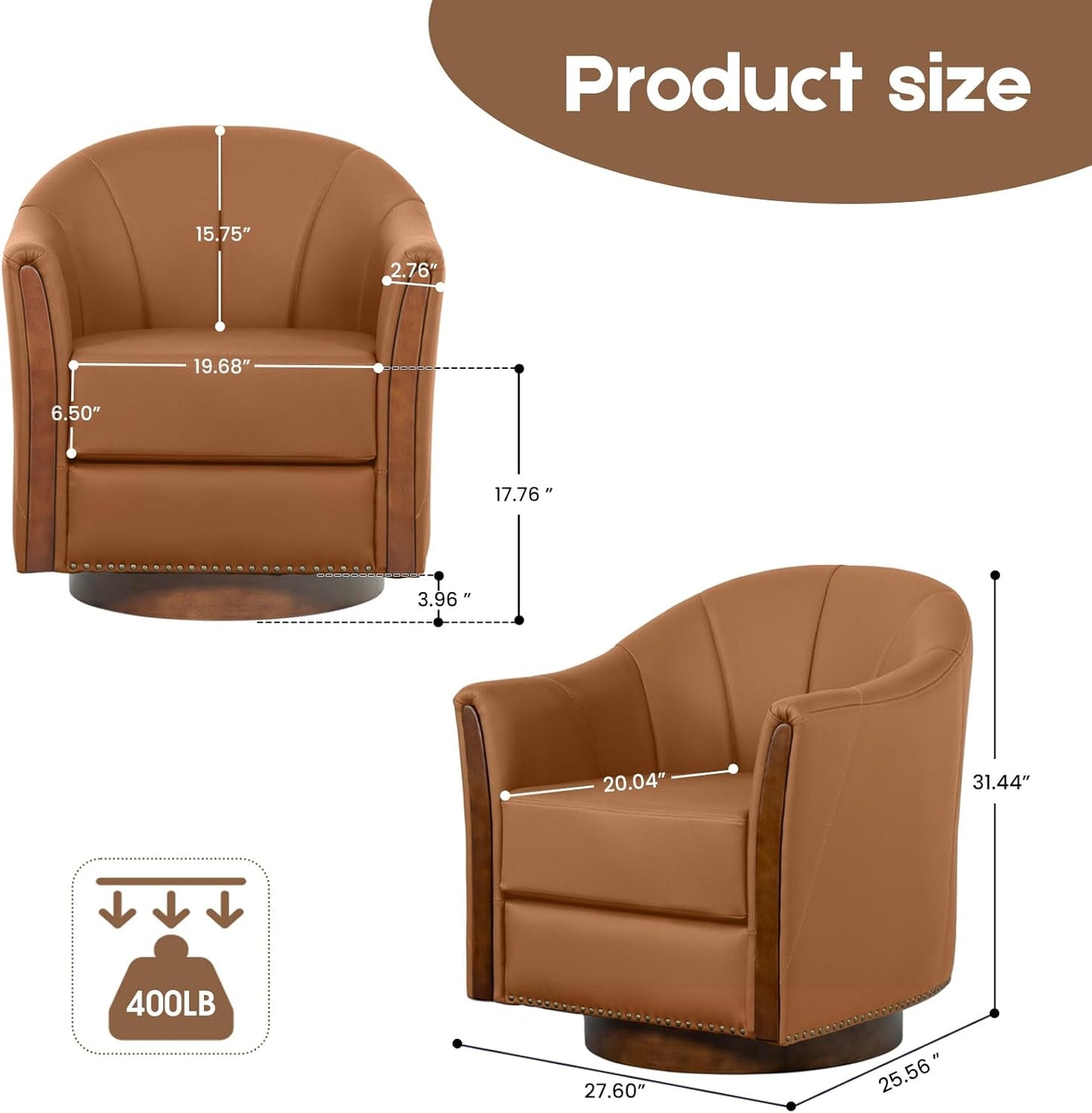 360° Swivel Accent Chair, Modern Leather Barrel Club Chair with Leather Upholstery and Sturdy Wood