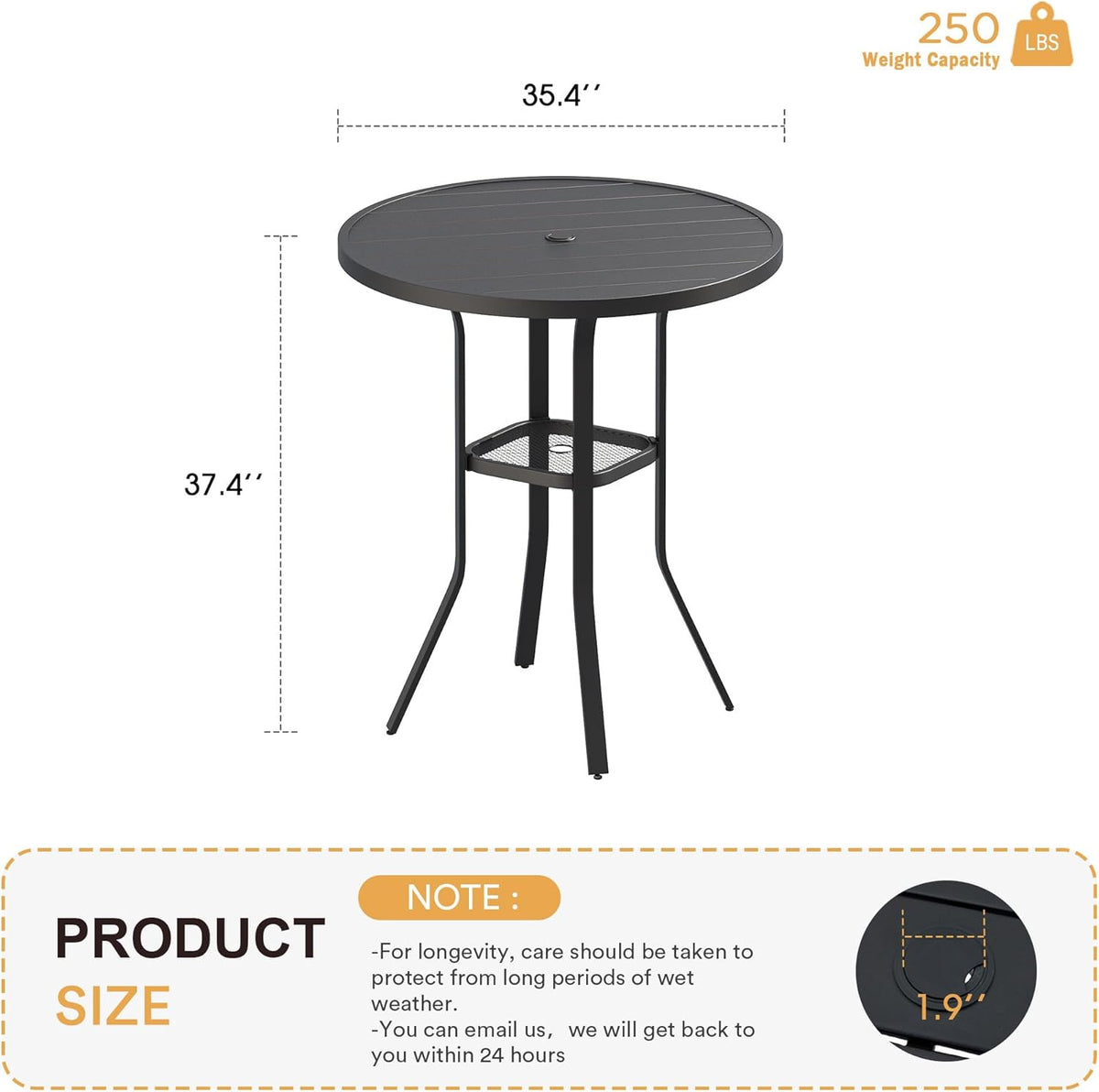 VICLLAX 35.5" Round Outdoor Bar Table, Bar Height Patio Table with Adjustable Umbrella Hole for