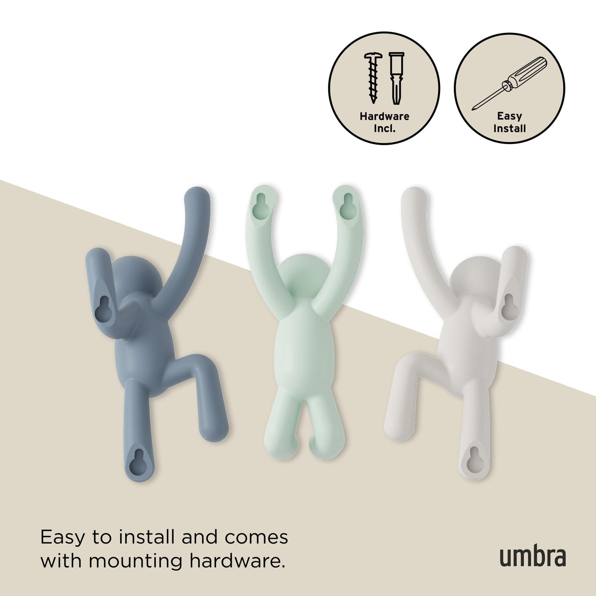 Umbra Buddy Wall Hooks, Wall Mount Coat Hooks, Set of 3, White/Mint/Blue