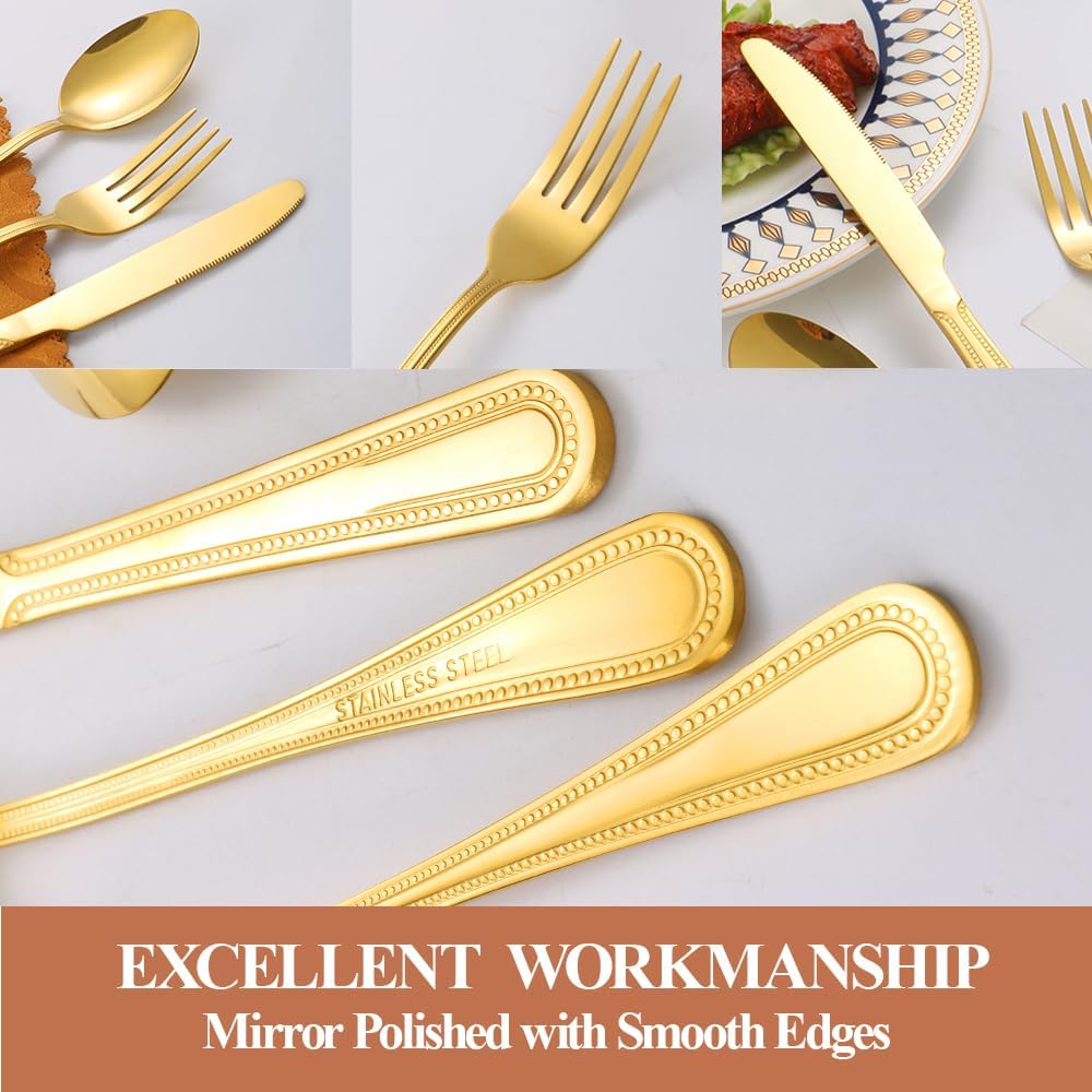 20 Pcs Gold Silverware Set for 4 with Pearled Edge Handle design, Food Grade Stainless Steel