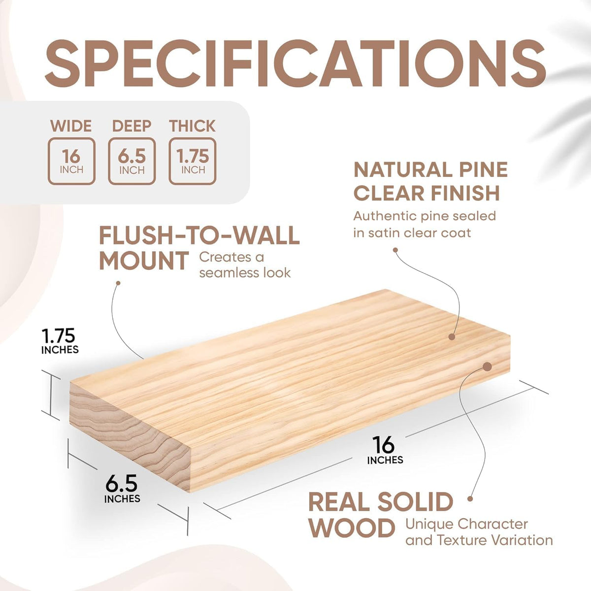 Homeforia 16 inch Natural Floating Shelf, High End Solid Real Wood 16inch Small Floating Shelves