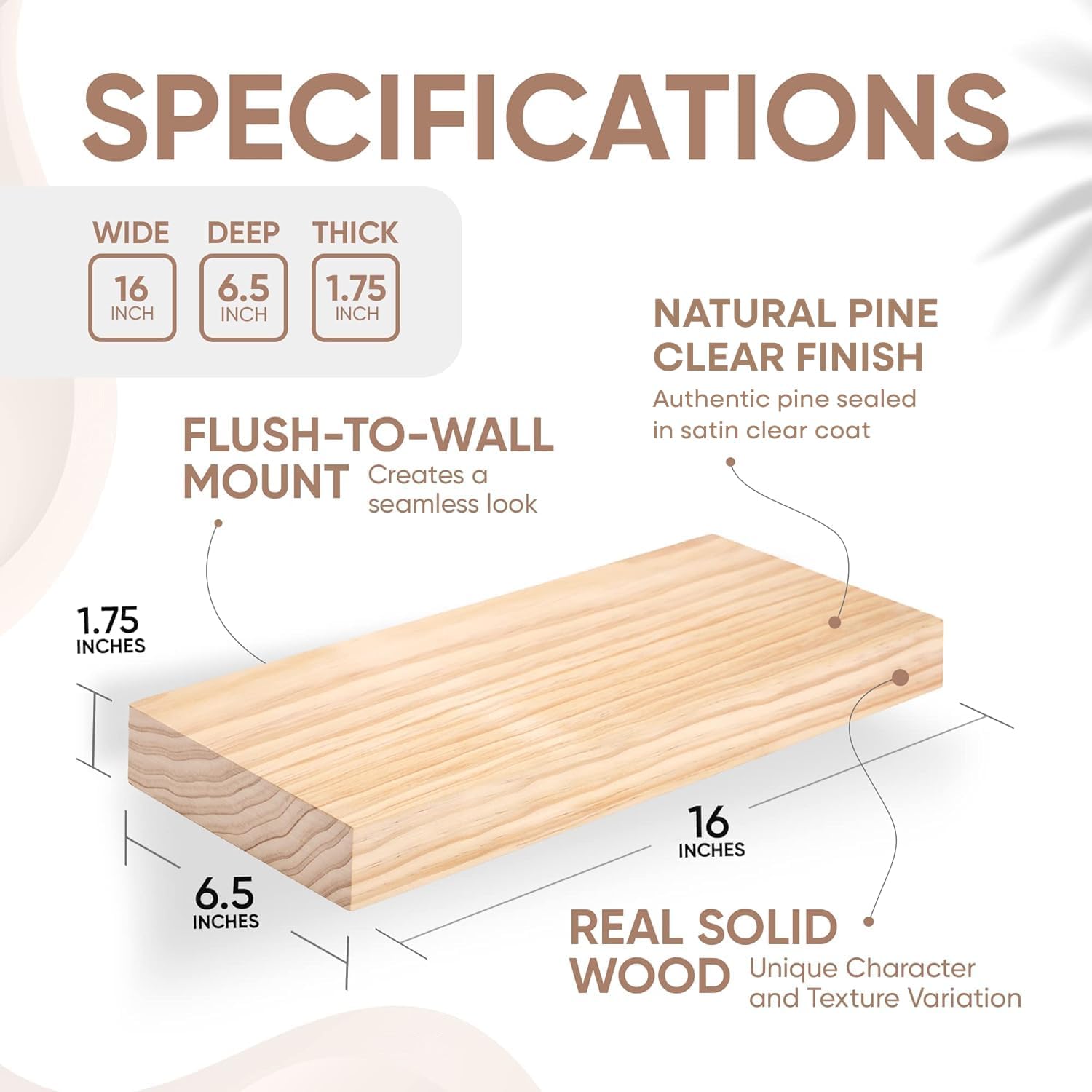 Homeforia 16 inch Natural Floating Shelf, High End Solid Real Wood 16inch Small Floating Shelves