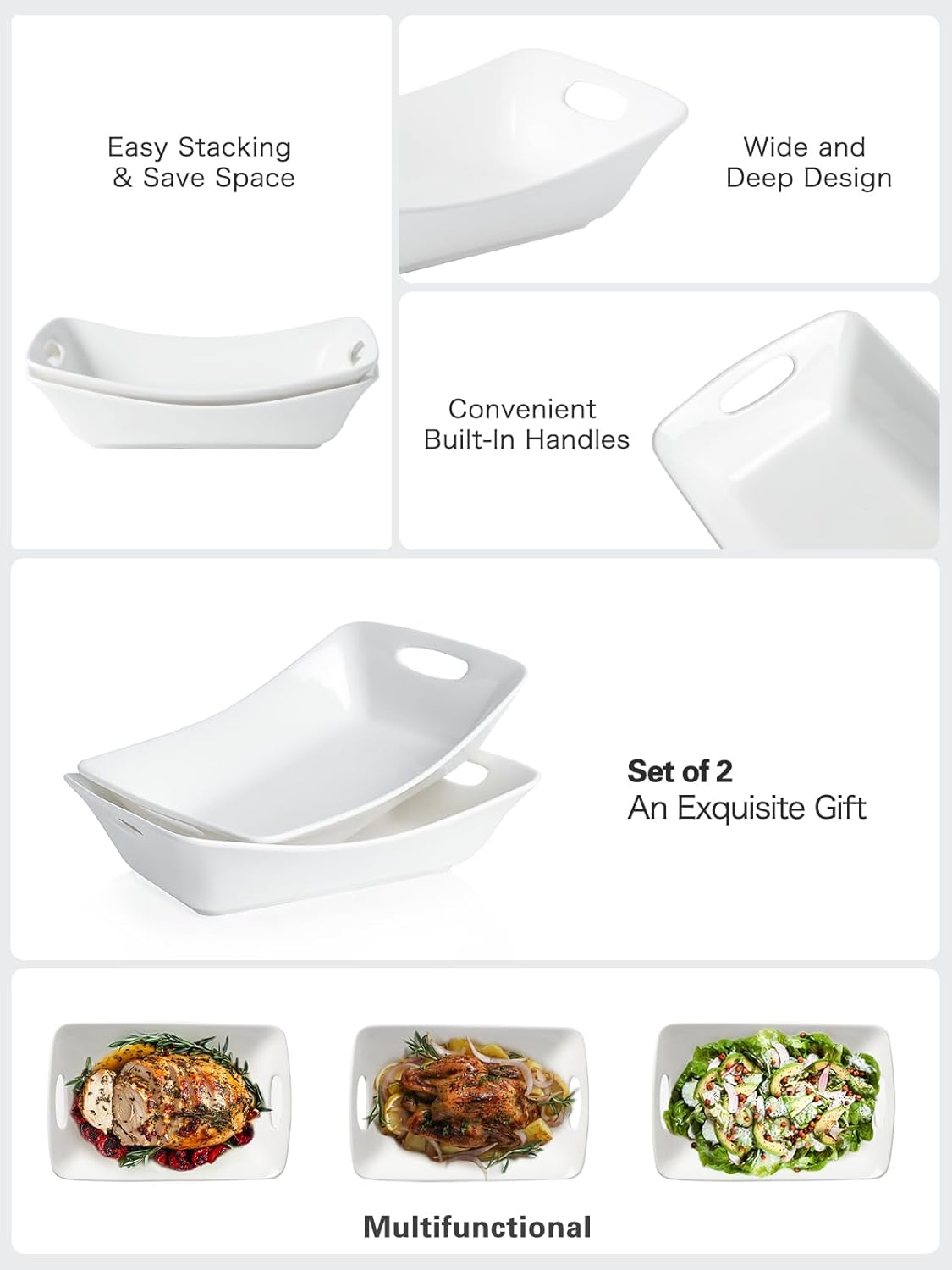Kanwone Large Serving Bowls with Handles, White Serving Dishes For Entertaining, 1.8 Quarts