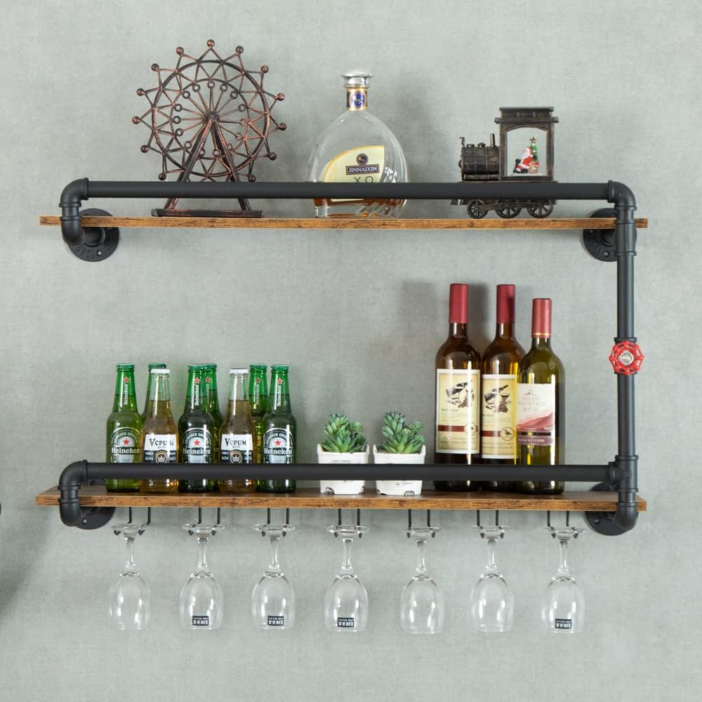 Wine Rack Wall Mounted 2 Tier, Hanging Floating Bar Liquor Shelves with Glass Holder Storage Under