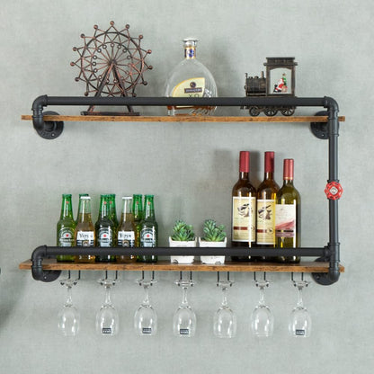 Wine Rack Wall Mounted 2 Tier, Hanging Floating Bar Liquor Shelves with Glass Holder Storage Under