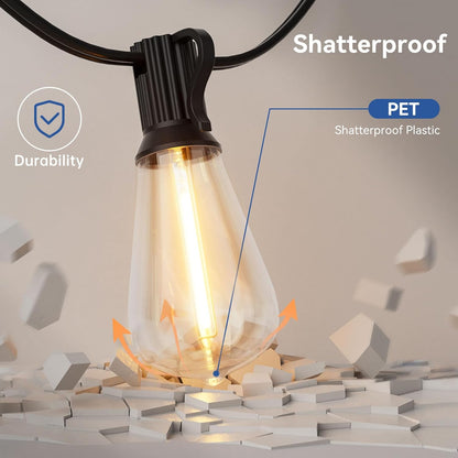 100 FT Outdoor String Lights for Outside, IP65 Waterproof ST38 LED Shatterproof Bulbs, Dimmable &
