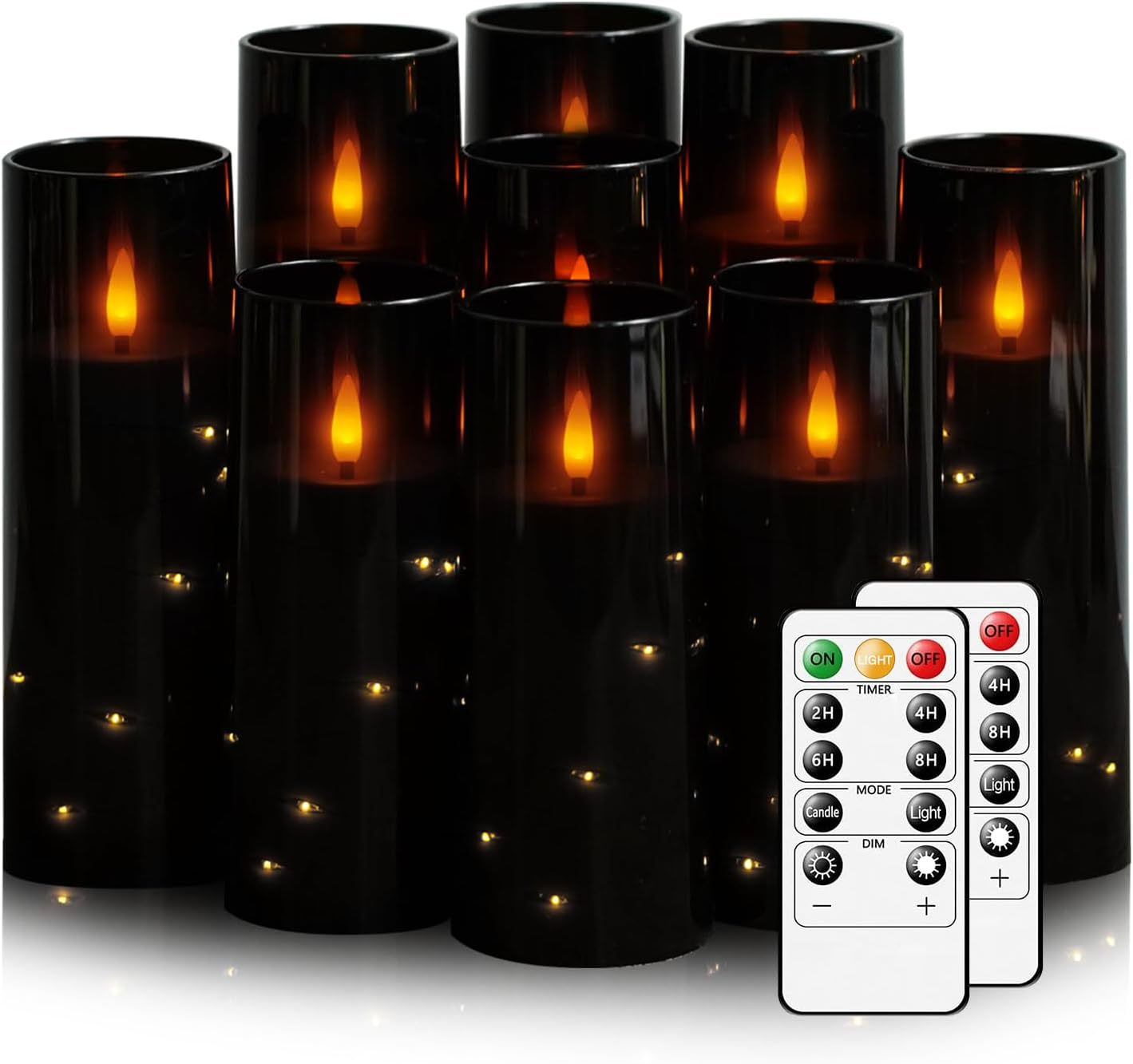 Flickering Flameless LED Candles, 9 Pcs with Embedded Star String, Acrylic LED Pillar Candles with
