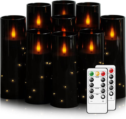 Flickering Flameless LED Candles, 9 Pcs with Embedded Star String, Acrylic LED Pillar Candles with