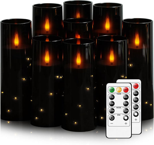 Flickering Flameless LED Candles, 9 Pcs with Embedded Star String, Acrylic LED Pillar Candles with