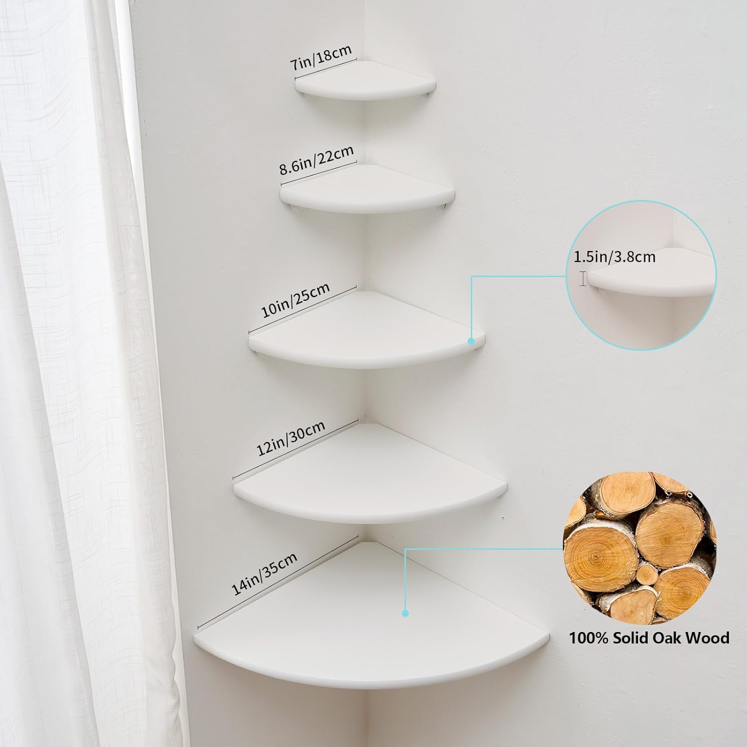 Corner Shelf, White Solid Oak Wood Floating Corner Shelves Wall Mount Round End Floating Speaker