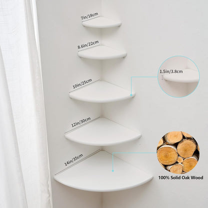 Corner Shelf, White Solid Oak Wood Floating Corner Shelves Wall Mount Round End Floating Speaker