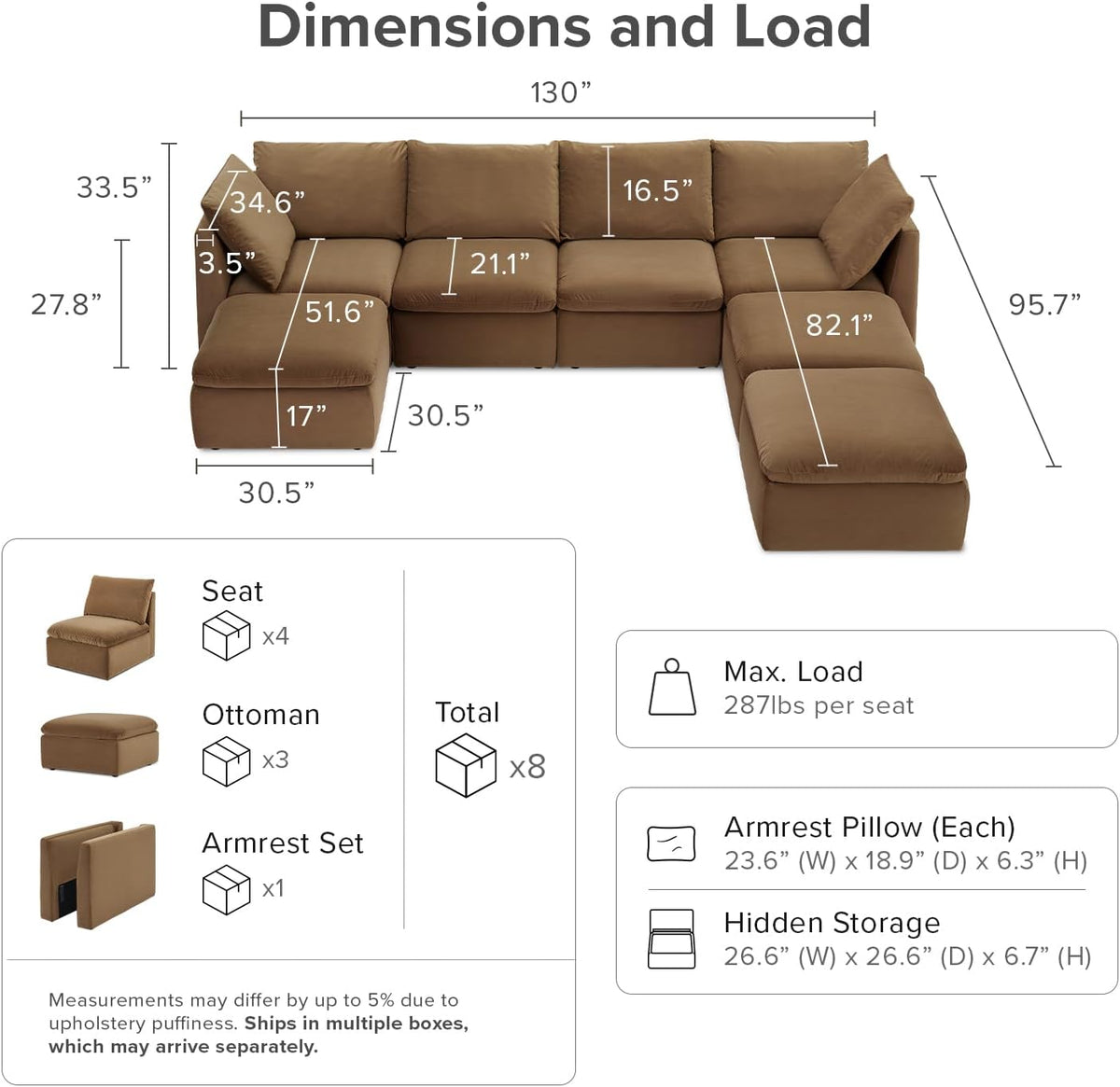 mopio Oversized Modular Sectional Sofa with Fully Removable Covers and Storage, Convertible U & L