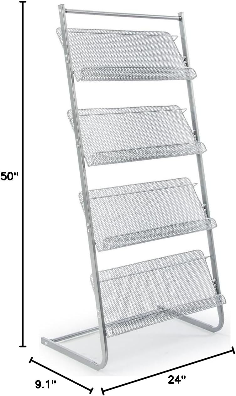 Displays2go Magazine Rack for Offices, Stores or Retail, (4) Mesh Shelves, 23.5" x 9" Trays, 50" H