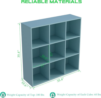 9-Cube Storage Shelf Bookcase - Wooden 3-Tier Floor Standing Open Bookshelf for Home and Office