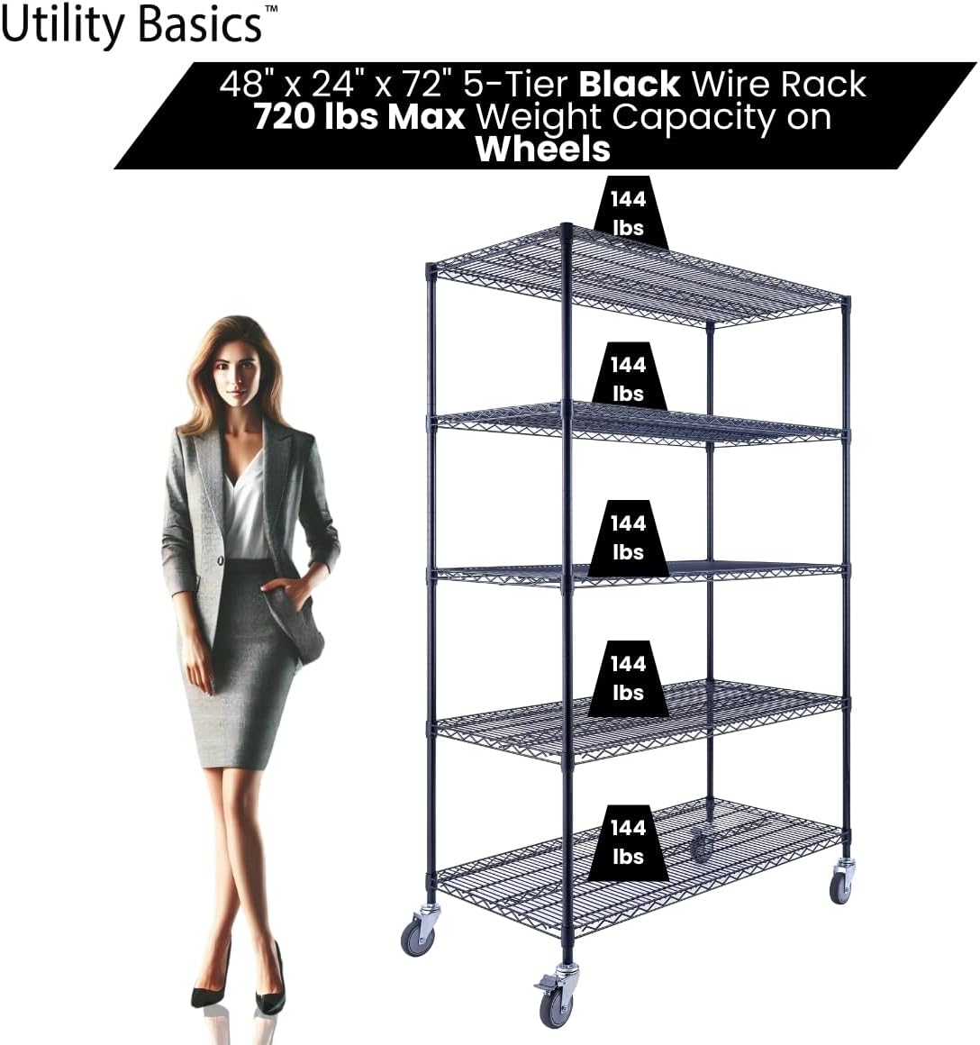48"x24"x72" Black 5-Tier Premium Wire Shelving NSF 4000 LBS MAX Capacity Heavy Duty Steel Storage