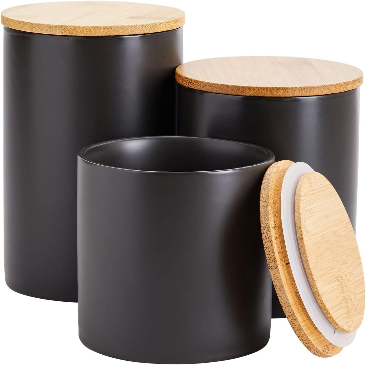 Farmlyn Creek Set of 3 Matte Black Kitchen Canister with Airtight Wooden Bamboo Lids, Kitchen