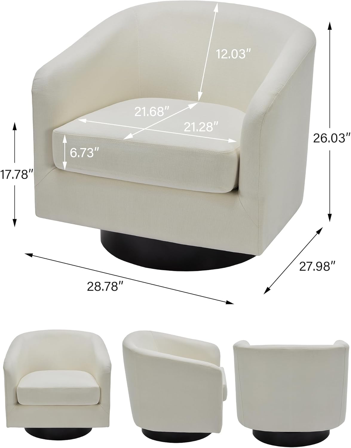 Swivel Barrel Accent Chair, Modern Round Linen Arm Chair for Living Room, Bedroom, Comfy Club