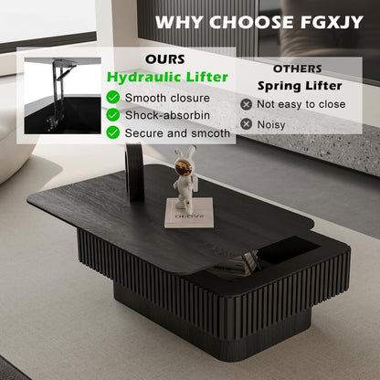 Lift Top Coffee Table with Storage, Solid Wood Coffee Table with Adjustable Height, Fluted Center