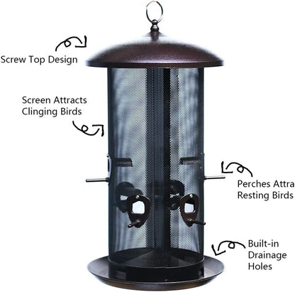 Nature's Rhythm Metal Hopper Bird Feeder, Dual Seed Compartments, 10 Feeding Ports, Holds 10lbs