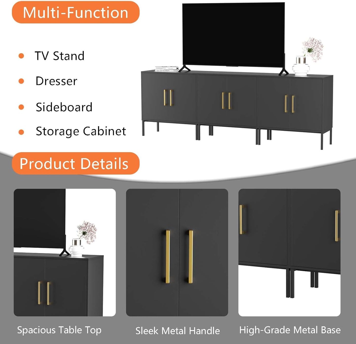 LYNSOM TV Stand for 85 Inch TV, Media Entertainment Center Console Table, 3 Cabinets, TV Console