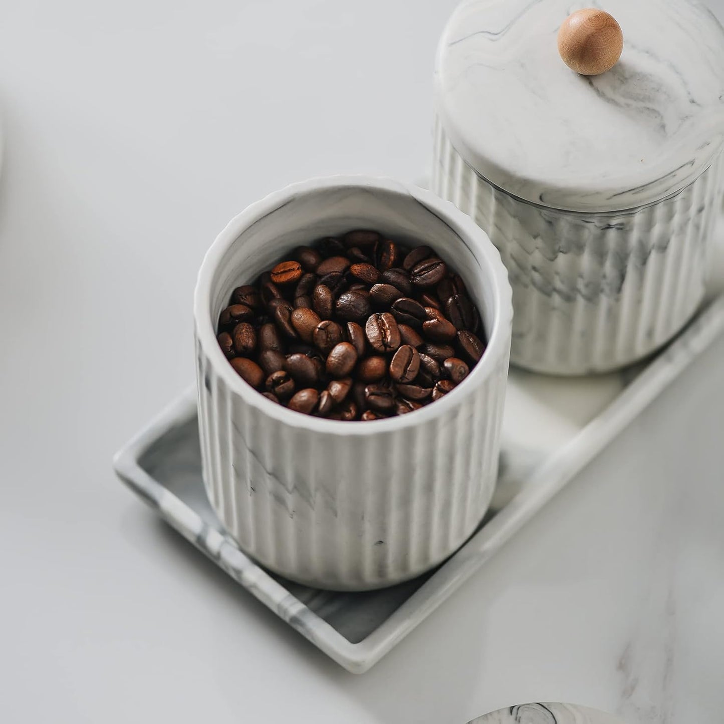 Marble Small Bathroom Jar Set ，Ceramic Cotton Swabs Holder with Lid and Dresser Organizer Set Tray