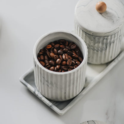 Marble Small Bathroom Jar Set ，Ceramic Cotton Swabs Holder with Lid and Dresser Organizer Set Tray