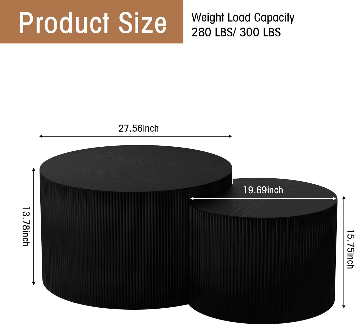 Round Nesting Coffee Table Wood Drum Nesting Tables Modern Stacking Coffee Table Set of 2 Fluted