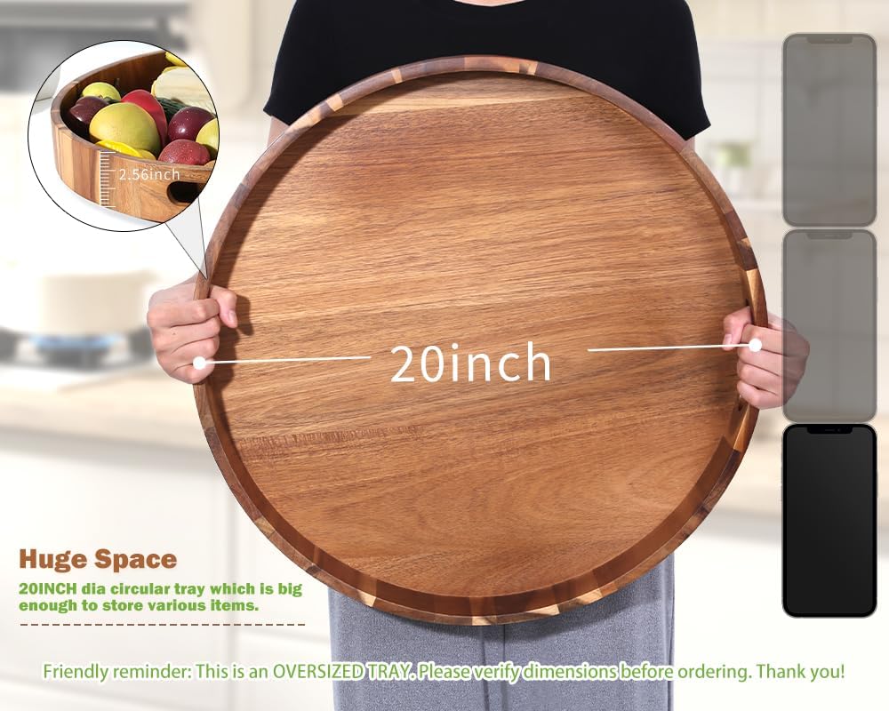 Extra Large Round Serving Tray, 20INCH, Heavy Duty Acacia Wood Trays for Big Ottoman Coffee Table