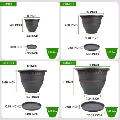 10 Inch 4 Pack Large Plant Pots, Plastic Flower Pot for Indoor & Outdoor with Drainage Holes &