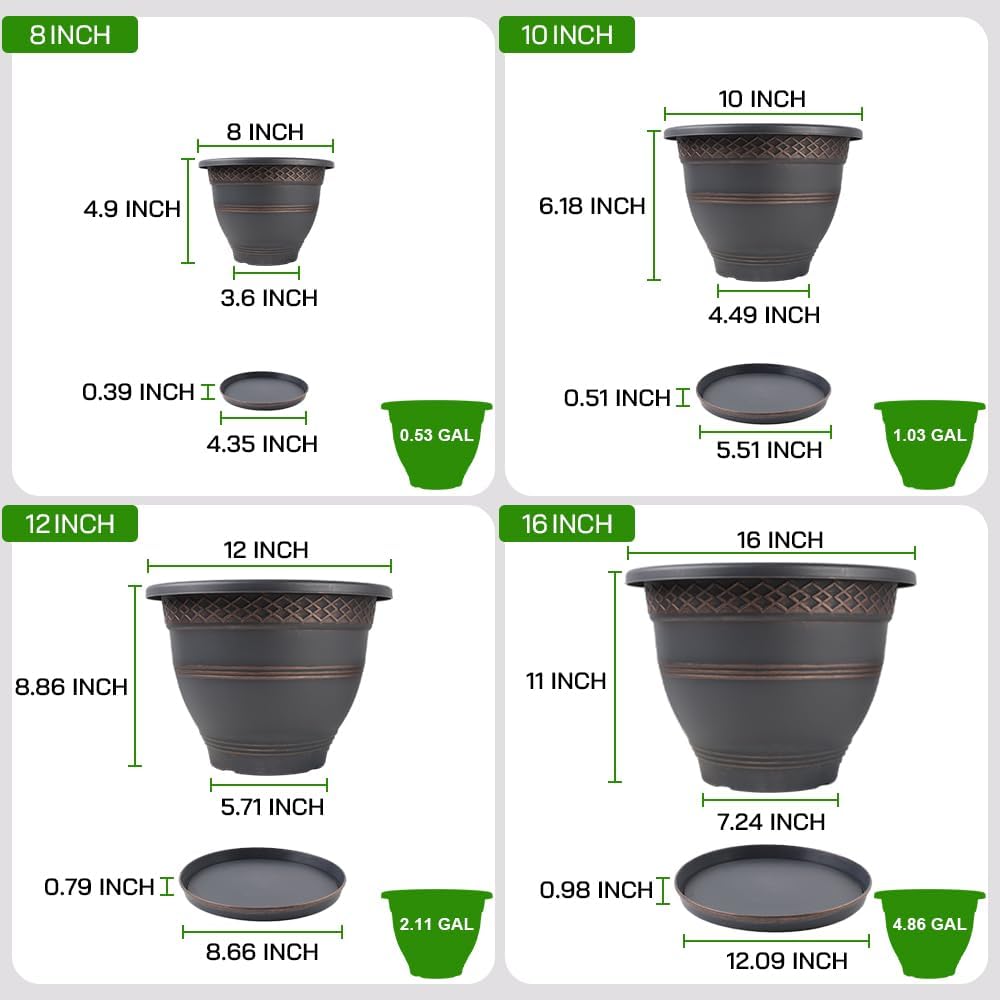 4 Pack 16 Inch Large Plant Pots, Plastic Flower Pot for Indoor & Outdoor with Drainage Holes &