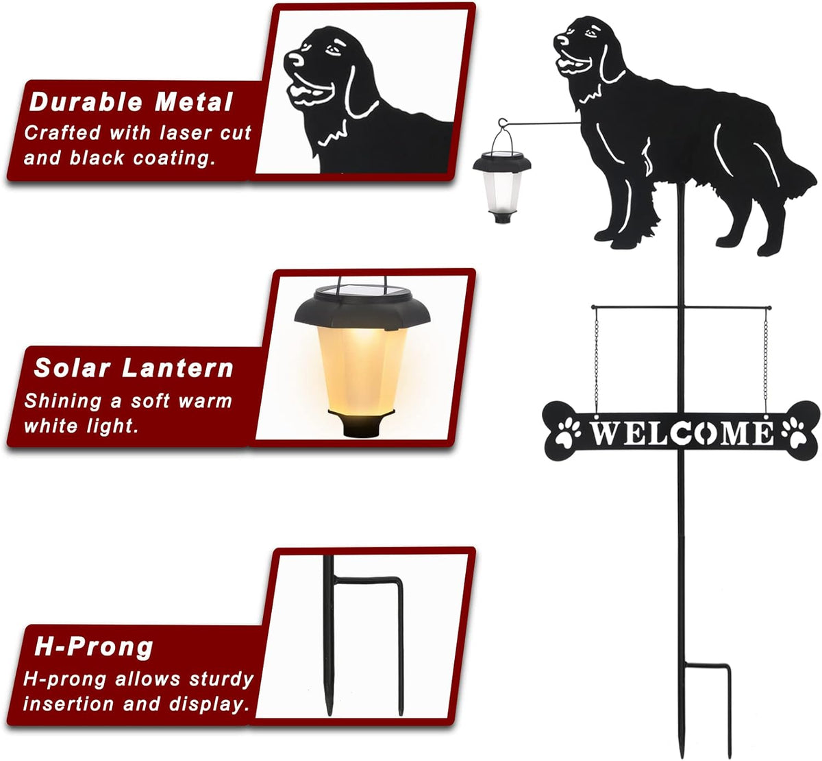 BAYN Solar Golden Retriever Garden Stakes Decorative with a Lantern Dog Silhouette Welcome Sign