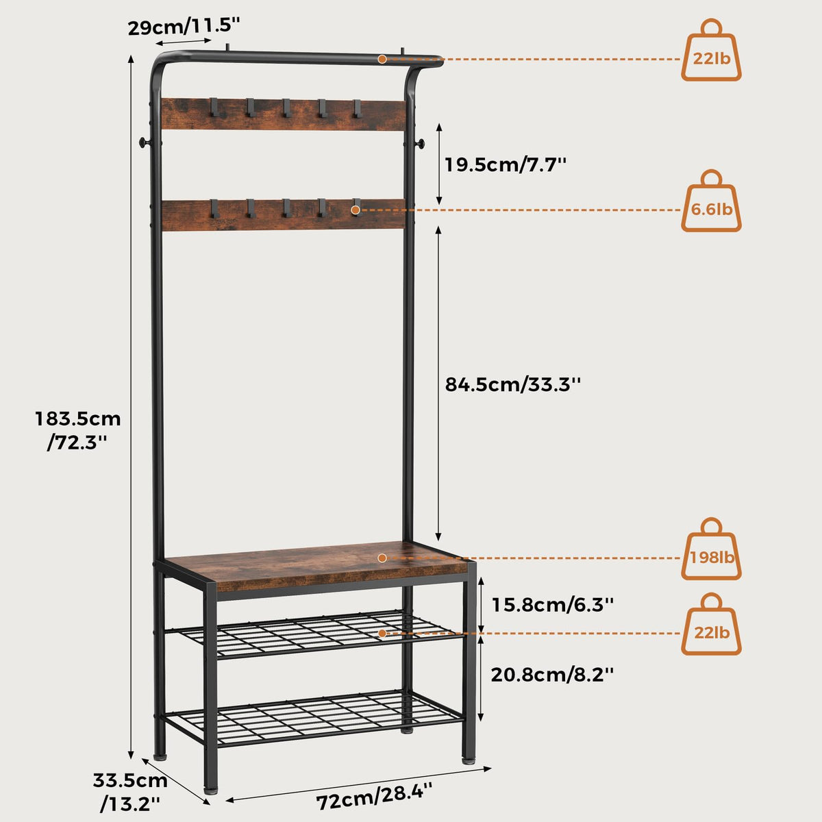 KMFurnila Hall Tree with Bench and Shoe Storage, 4-in-1 Entryway Organizer with 10 Hooks and