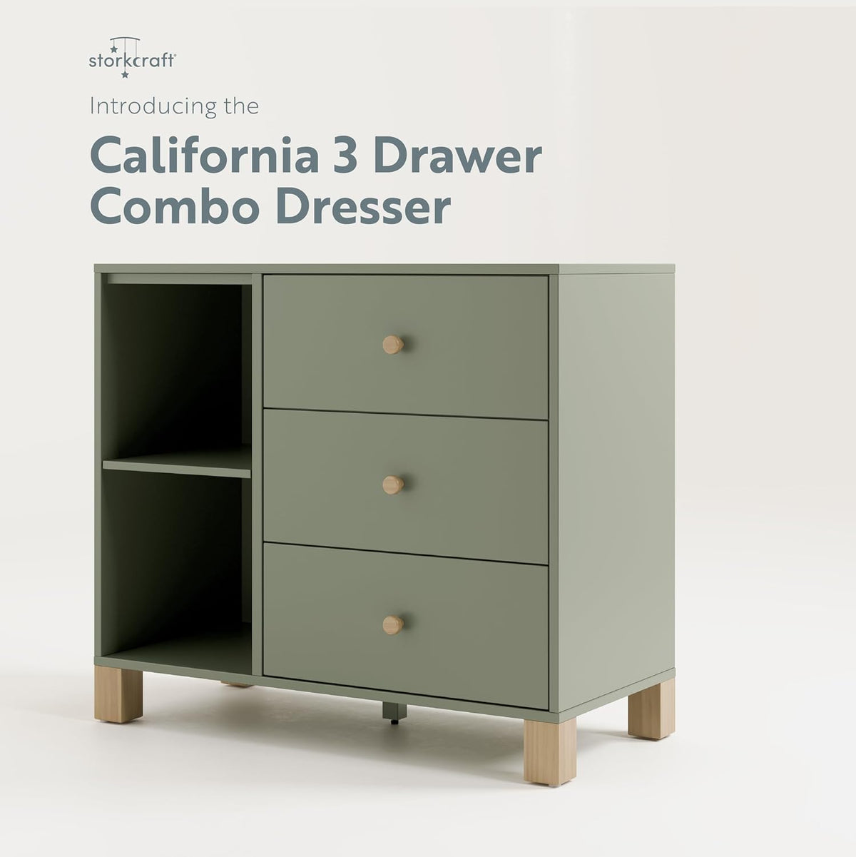 Storkcraft California 3 Drawer Combo Dresser (Olive with Driftwood) – GREENGUARD Gold Certified